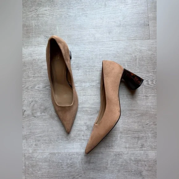 Zara Pointed Toe Faux Suede Tortoise Block Heel Pumps Size 39 (8.5) - Picture 1 of 10